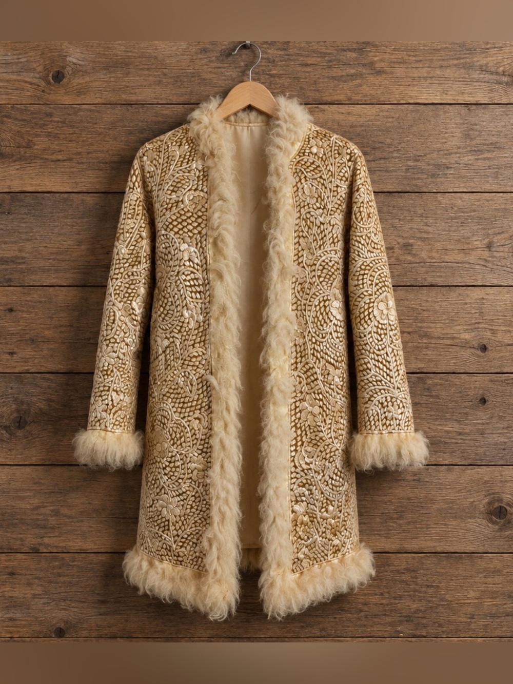 Rare Vintage Mongolian Style Embellished Cream Fur-Trimmed Women's Coat
